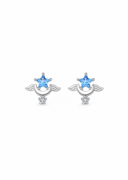 Aretes estrella y luna con alas Plata S999