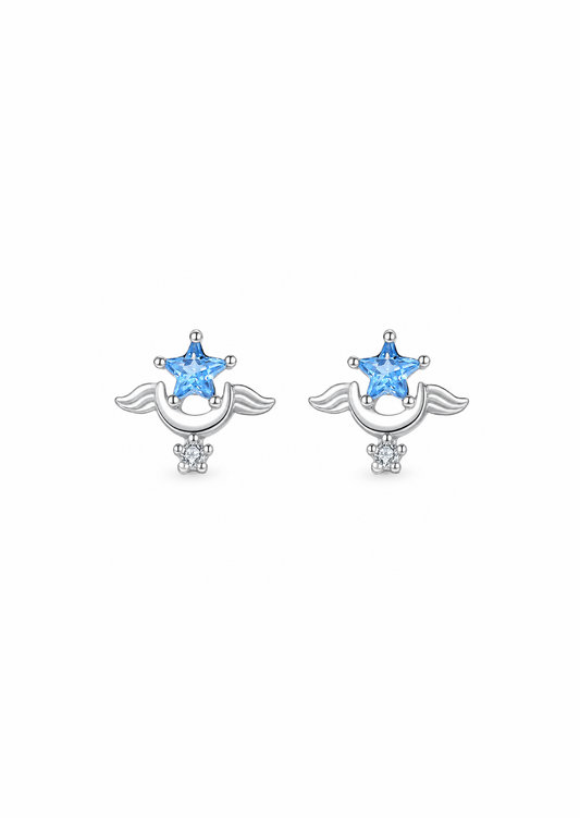 Aretes estrella y luna con alas Plata S999