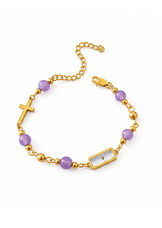 Pulsera de amatista con cruz acero inoxidable 304