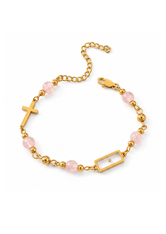 Pulsera de cuarzo rosa con cruz acero inoxidable 304