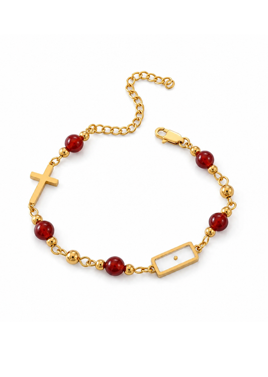 Pulsera de cristal rojo con cruz acero inoxidable 304