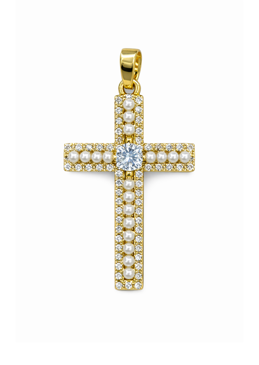 Dije crucifijo con perlas y zirconias acero inoxidable