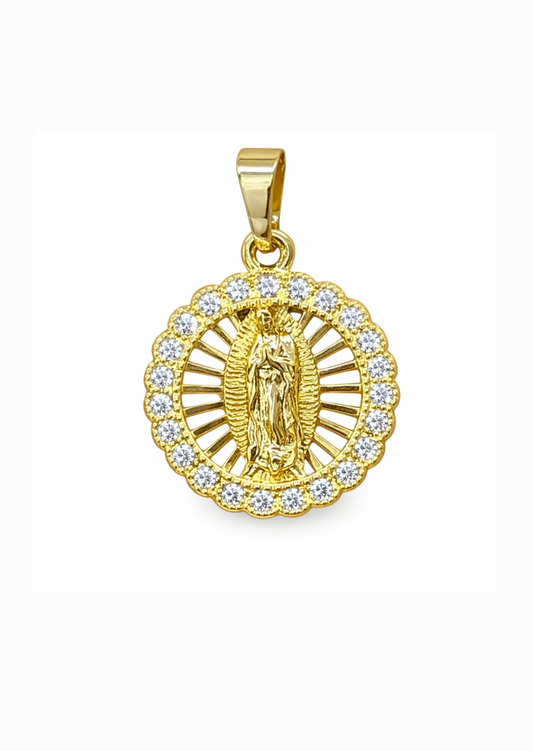 Dije medalla circular virgen de Guadalupe con circón acero inoxidable