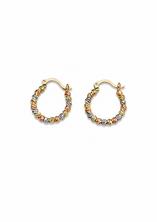 Aretes arracadas bolitas diamantadas tricolor baño de oro
